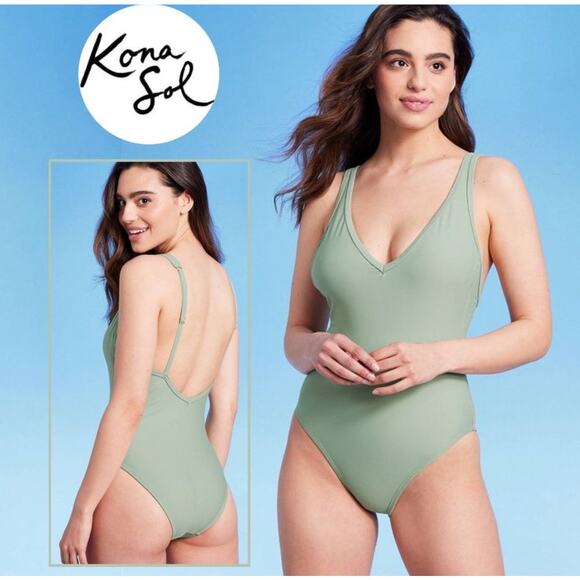 KONA SOL V-Neck High Leg One Piece Swimsuit Sage Green Size Large 12/14 - Picture 1 of 9
